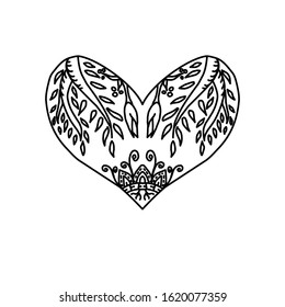 Sketch design of decoration patterned heart with style mandalas on white background. 