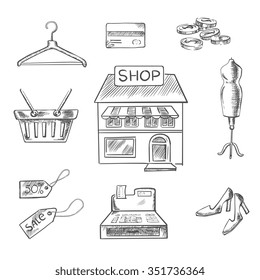 Sketch Design Elements With A Central Store Front Surrounded By A Till, Sale Price, Basket, Hanger, Credit Card, Cash, Mannequin And Shoes. Retail Concept Usage