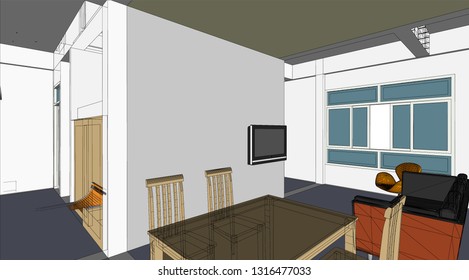 sketch design of interior dining room, vector 