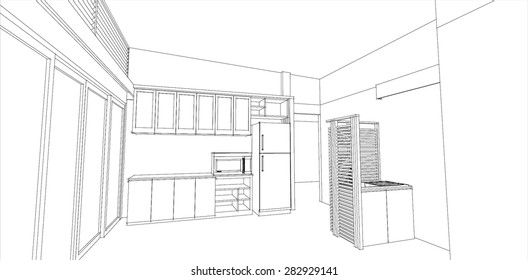 sketch design of kitchen interior ,vector 