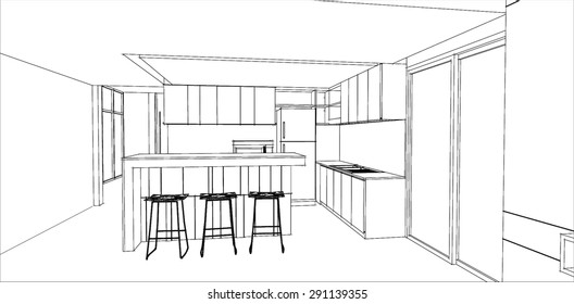 sketch design of kitchen interior ,vector 