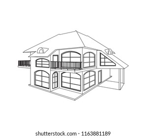 Sketch design of a modern private house with two floors, vector illustration on the white