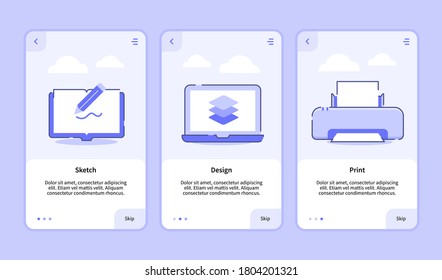 Sketch design print onboarding screen for mobile apps template banner page UI with three variations modern flat outline style