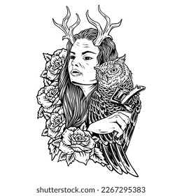 sketch design of woman holding tattoo machine with owl and rose flower