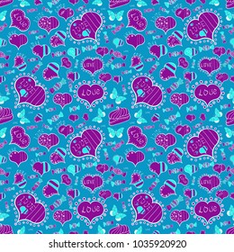 Sketch designed loves heart. Couple romantic heart. Seamless pattern Heart love Valentine card love hearts. Vector illustration. Graphic hearts love on blue, purple and white colors.