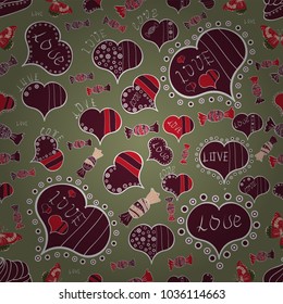Sketch designed loves heart. Hand drawn loves hearts. Grunge. Valentine card love hearts on brown, purple and white colors. Graphic hearts love. Vector illustration. Seamless Heart love. Doodles.