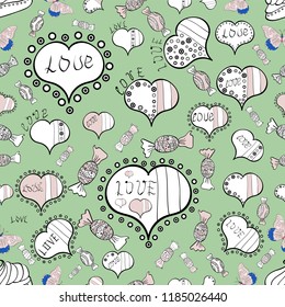 Sketch designed loves heart. Vector illustration. Love design with different elements. To print on tissue paper, to web design. Cute and nice little hearts in seamless pattern.