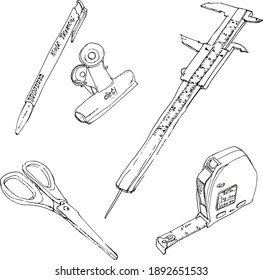 Sketch of desktop objects and accessories. Glasses, scissors , ink , pen and paper clip, etc. 