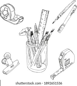 Sketch of desktop objects and accessories. Glasses, scissors , ink , pen and paper clip, etc. 