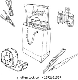 Sketch of desktop objects and accessories. Glasses, scissors , ink , pen and paper clip, etc. 