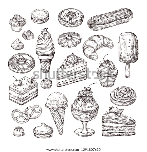Sketch dessert. Cake, pastry and ice cream, apple\
strudel and muffin in vintage engraving style. Hand drawn fruit\
desserts vector set. Illustration of cake with cream, dessert\
sketch, pastry sweet