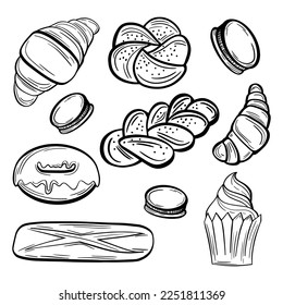 Sketch dessert. Hand drawn fruit desserts vector set. Illustration of cake with cream, dessert sketch, pastry sweet