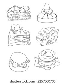 Postres de sketch. Conjunto de vectores. Ilustración de una torta con crema. Esbozo de postre dulce