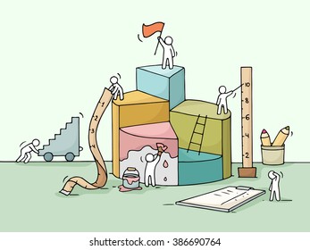 Sketch of diagram construction with working people, ruler, flag. Doodle cute miniature of building diagram and preparing for the big profit. Hand drawn vector for business design and infographic.