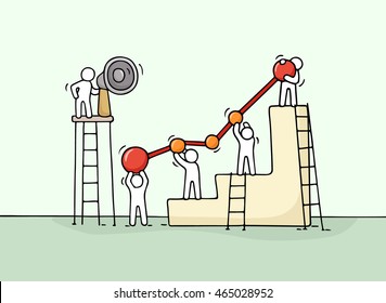 Esboço de diagrama com pessoas pequenas trabalhando. Doodle bonito trabalho em equipe em miniatura. Ilustração vetorial desenhada à mão para design de negócios e infográfico.