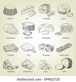 Sketch of different cheeses icons. Vector illustration with realistic outline dairy products set. Curds collection used for logo design, recipe book, advertising cheese or restaurant menu.