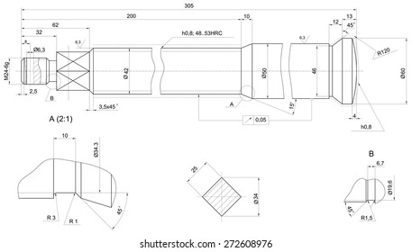 Sketch of different engineering elements with hatching. Drawing with lines, angle degrees and numbers. Vector image