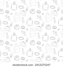 Sketch of different girly things on a white background, flat vector, seamless pattern