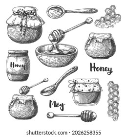 Sketch of different jars of honey, spoons and other items. Honey set. Vector illustration