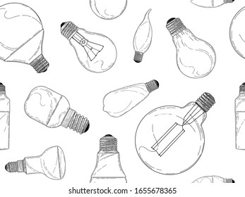 Skizze verschiedener Glühbirnen einzeln auf weißem Hintergrund. Nahtloses Muster. Vektorillustration
