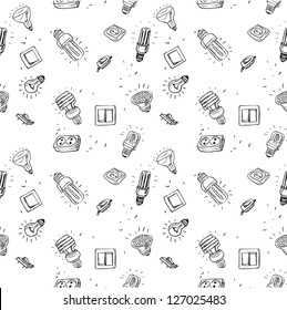 Sketch of different light bulbs switches and sockets, seamless background