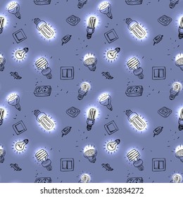 Sketch of different light bulbs switches and sockets, seamless background