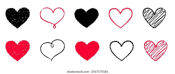 Sketch of different linear hearts. Heart shape drawn with pencil in doodle style