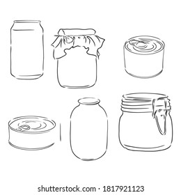 Sketch of different mason jars, metal cans and bottles. Hand-drawn vector illustration. can of canned food vector sketch illustration