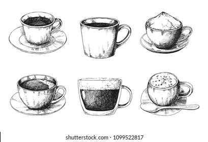 Sketch different mug of coffee on a saucer. Vector illustration of a sketch style.