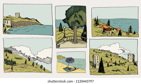 sketch of different nature view (clouds, seaside) for postcards and your design