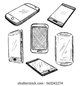 Sketch different phones, smartphones. Hand made vector illustration.