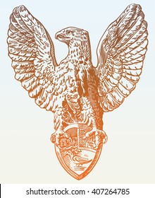 sketch digital drawing of heraldic sculpture eagle in Rome, Italy, vector illustration