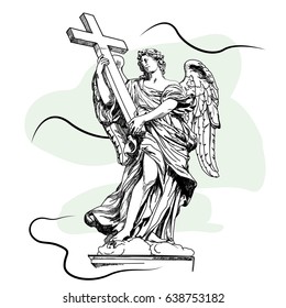 Sketch digital drawing of marble statue of angel (with cross) from the Sant'Angelo Bridge in Rome, Italy, Vector illustration