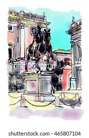 sketch digital drawing of Rome Italy cityscape with sculpture equestrian statue and historical building, vector illustration