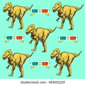 Sketch dinosaur and 3d glasses in vintage style, vector seamless pattern.