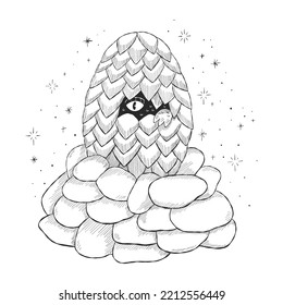Sketch of dinosaur or dragon egg. Baby dragon hatched from egg. Coloring page. Fairy tale art. Hand drawn vector illustration.