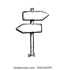 Sketch direction sign. Hand drawn doodle style. Wooden signpost. Vector illustration.