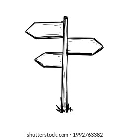 Sketch direction sign. Hand drawn doodle style. Wooden signpost. Vector illustration.