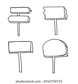 Sketch direction sign. Hand drawn doodle style. Set of wooden signposts. Vector illustration. For design, web, flyers.