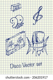 Sketch disco set in copybook. Vector illustration.