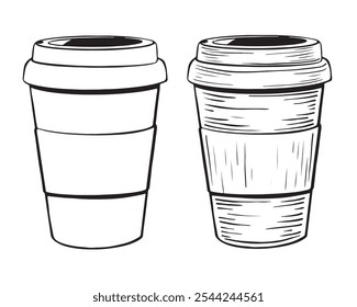 Esboço do ícone descartável da Xícara de Café em estilo doodle. Simboliza café com comodidade, reciclabilidade e um rápido conserto de cafeína. Ilustração vetorial desenhada à mão para marca, etiquetas, logotipos.