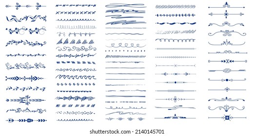 Esbozar divisores. Plantilla de ornamento vintage. Líneas de doodle abstractas, trazos decorativos de lápiz. Un conjunto de ilustraciones vectoriales con contornos esbozados de divisores