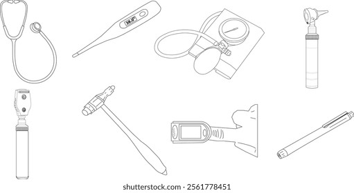 A sketch of the doctor's equipment to perform general diagnosis: stethoscope, thermometer, sphygmomanometer, otoscope, ophthalmoscope, reflex hammer, pulse oximeter, penlight. 