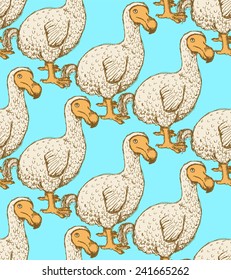 Sketch dodo bird in vintage style, vector seamless pattern