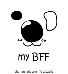 Sketch dog face with text BFF or best friend forever. Black thin line pretty dog isolated on white background. Simple design for tattoo or print. Hand drawn cartoon illustration of sweet domestic pet.