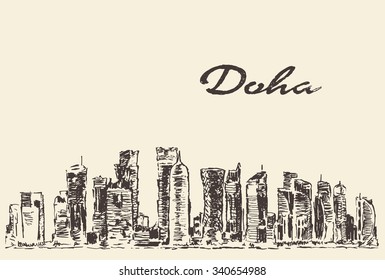 Sketch of Doha skyline, vector illustration, hand drawn
