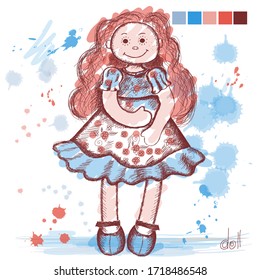 Sketch doll. A child's toy for a little girl. Hand drawing with strokes and colored blots. vector