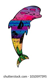 Sketch of a dolphin with double exposure. Evening beach with a sea sunset.