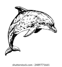 Sketch of a dolphin jumping out of the water, side view, on a white background