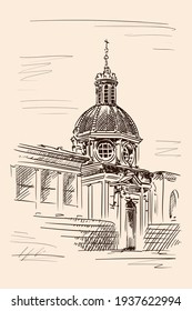 Sketch of the dome of the cathedral in the classical style with arches, statues and clocks. Sketch on a beige background.